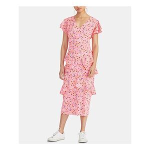 RACHEL ROY Womens Pink Ruffled Short Sleeve V Neck Tea-Length Sheath Dress 0